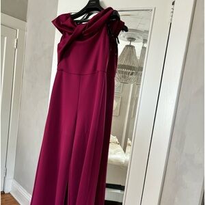 Burgundy romper, wide leg, with off the shoulder sleeves